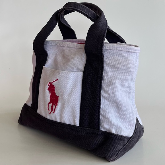 SOLD❗️ Polo Ralph Lauren Small Canvas Tote Big Pony Logo White Blue Preppy Bag - Picture 11 of 11